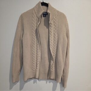 LL Bean Beige Mock Neck Full Zip Cable Knit Cotton Cardigan Sweater MEDIUM